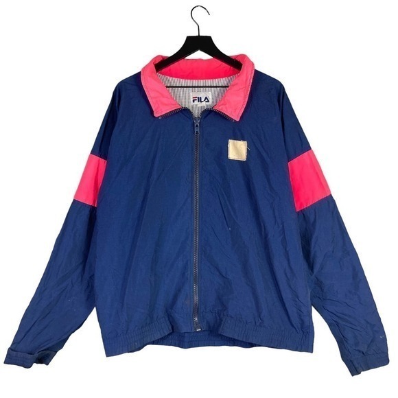 Vintage Fila Jacket Neon Pink Blue Made‎ in USA Large Full Zip Windbreaker 90s - Picture 1 of 15